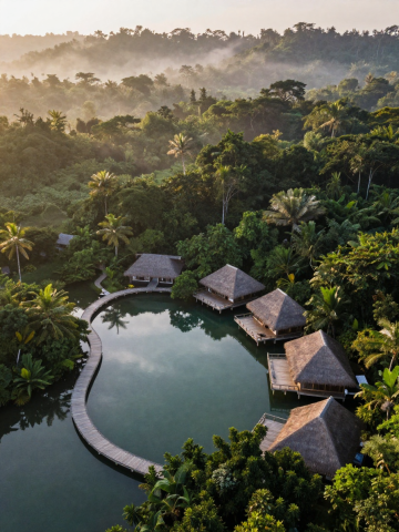 Aerial view of eco-lodges around a lagoon