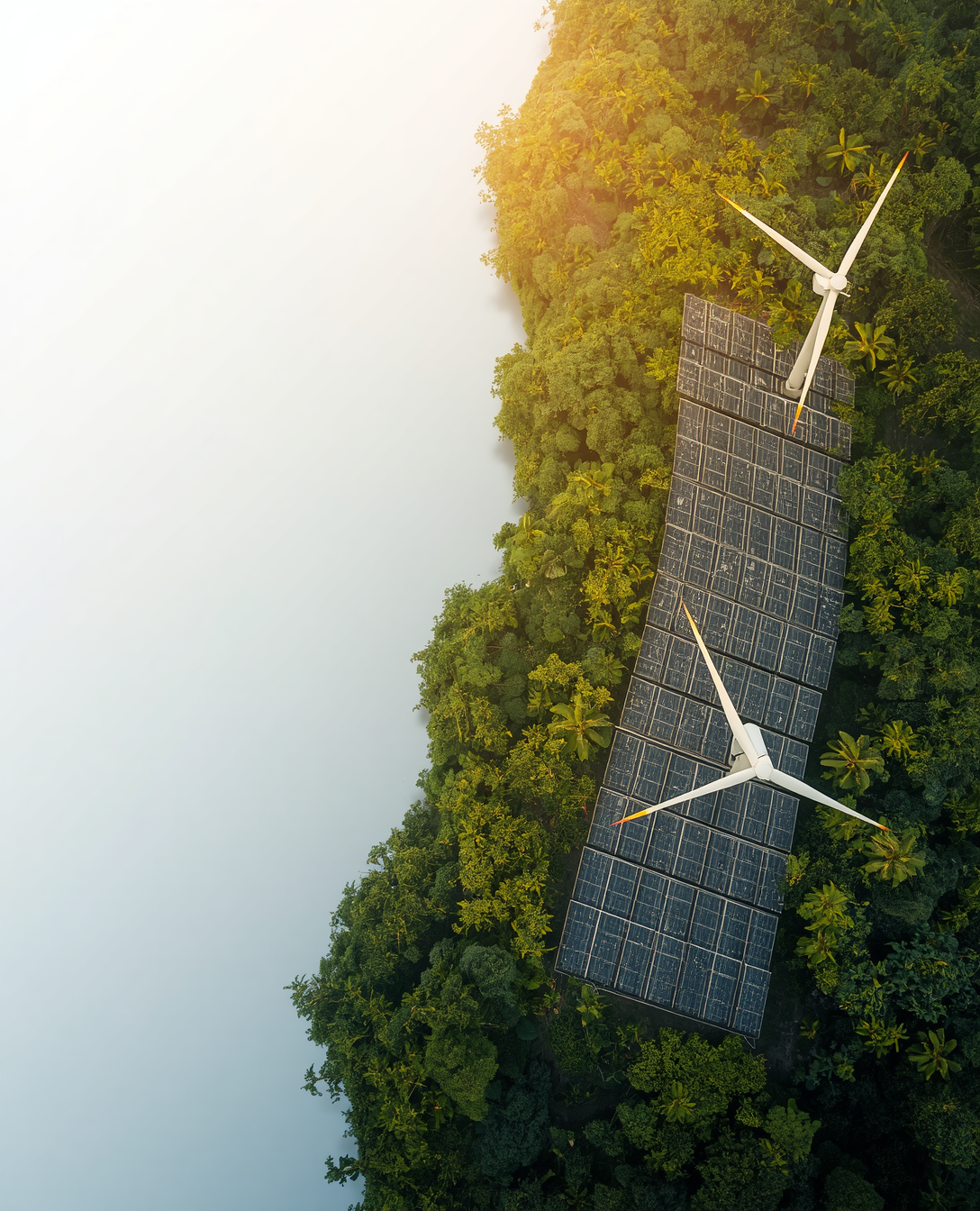 Solar panels and wind turbine aerial view