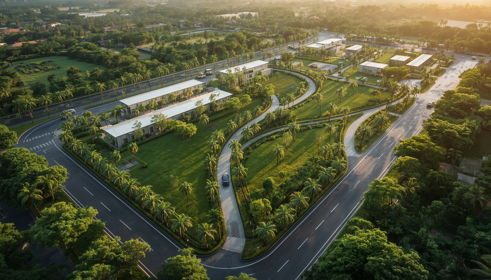 Aerial view of green infrastructure and access roads representative of the EcoVerse site context