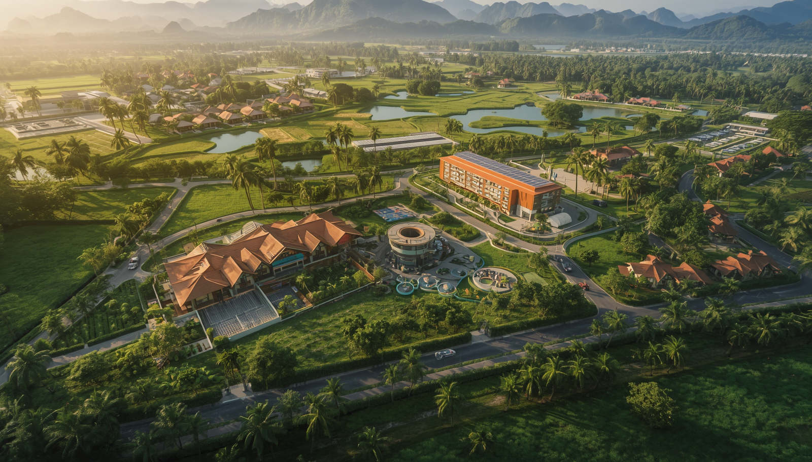 Aerial view of a PAXVENTUS regenerative development at golden hour, solar rooftops and green landscaping woven through the site